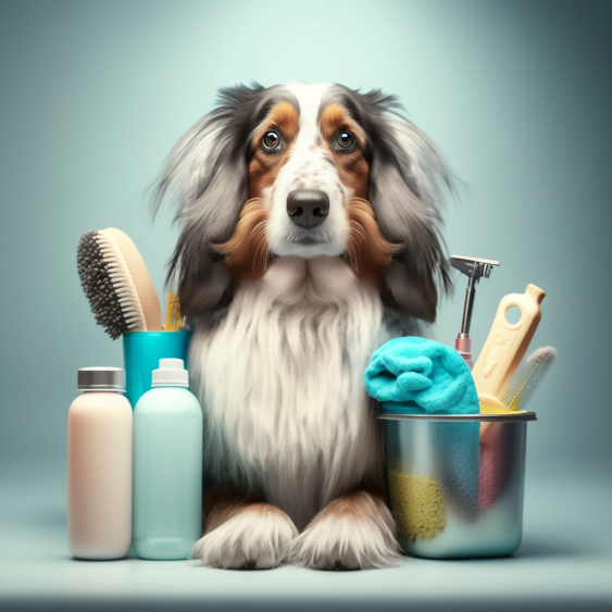 An adorable brown and white dog sits obediently next to a pile of dog grooming essentials, including a brush, nail clippers, and wipes.