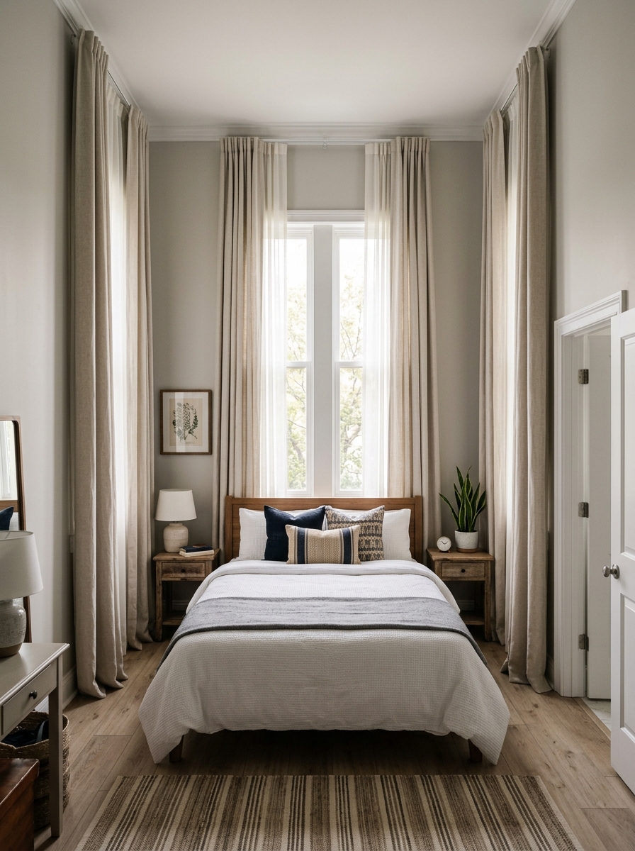 Bedroom interior with tall curtains 202606292243